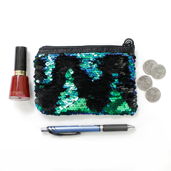 Blue, Green, Black, Sequin Small Zipper Pouch