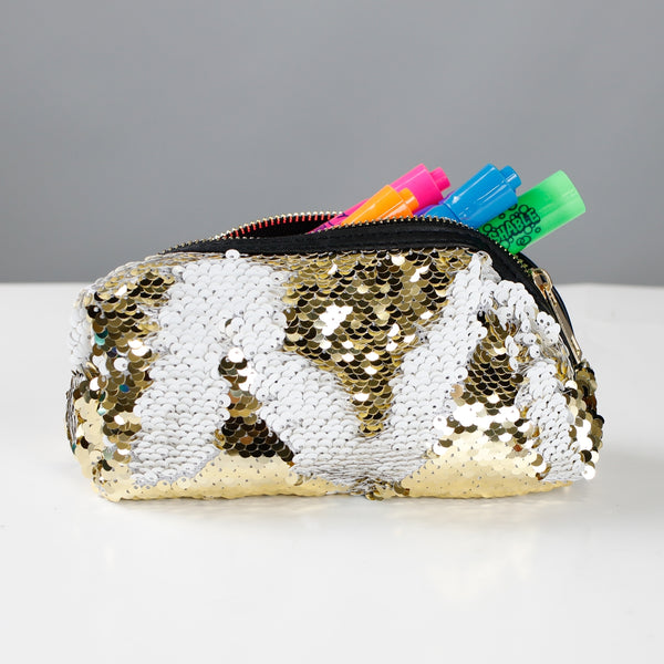 Gold & White Sequin Cosmetic Pouch